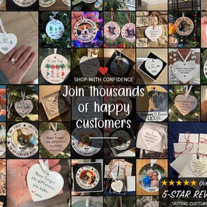 May include: A collage of personalized ornaments, including heart-shaped and circular designs. Some ornaments feature pet photos, while others display text like "Forever Loved" and "My First Christmas." The image also includes text that reads "Join thousands of happy customers."