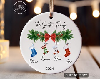 Personalized Family of 4 Ornament, Custom Family Stocking Ornament With Names and Year, New Family Christmas Gift 2024, Ceramic Keepsake