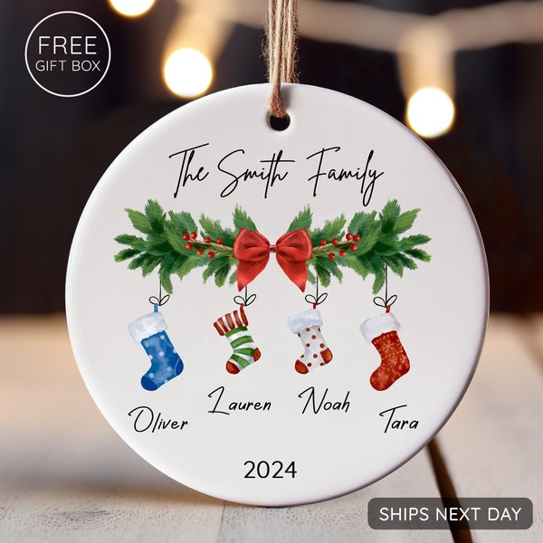 Personalized Family of 4 Ornament, Custom Family Stocking Ornament With Names and Year, New Family Christmas Gift 2024, Ceramic Keepsake