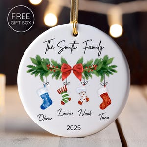 Personalized Family of 4 Ornament, Custom Family Stocking Ornament With Names and Year, New Family Christmas Gift 2025, Ceramic Keepsake