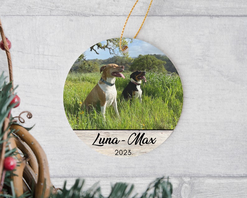 May include: A round ceramic ornament featuring a photograph of a tan and white dog and a black and white dog sitting in a grassy field. The bottom section displays the text Luna - Max and the year 2023 in black font on a light wood background.