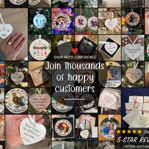 May include: A collection of heart-shaped and circular ceramic ornaments featuring custom printed photos, names, and dates. Some ornaments display pet portraits, wedding photos, or memorial text. Each piece includes a ribbon for hanging.