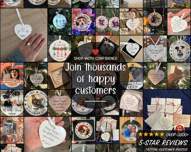 May include: A collection of heart-shaped and circular ceramic ornaments featuring custom printed photos, names, and dates. Some ornaments display pet portraits, wedding photos, or memorial text. Each piece includes a ribbon for hanging.