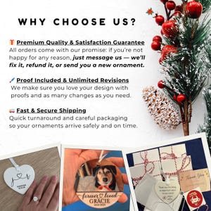 Peut inclure: Un graphique promotionnel intitul&eacute; WHY CHOOSE US? avec du texte sur les garanties de qualit&eacute;, les &eacute;preuves et l'exp&eacute;dition. Il comprend trois photos : un ornement en forme de c&oelig;ur, un ornement comm&eacute;moratif pour animal et des cadeaux.