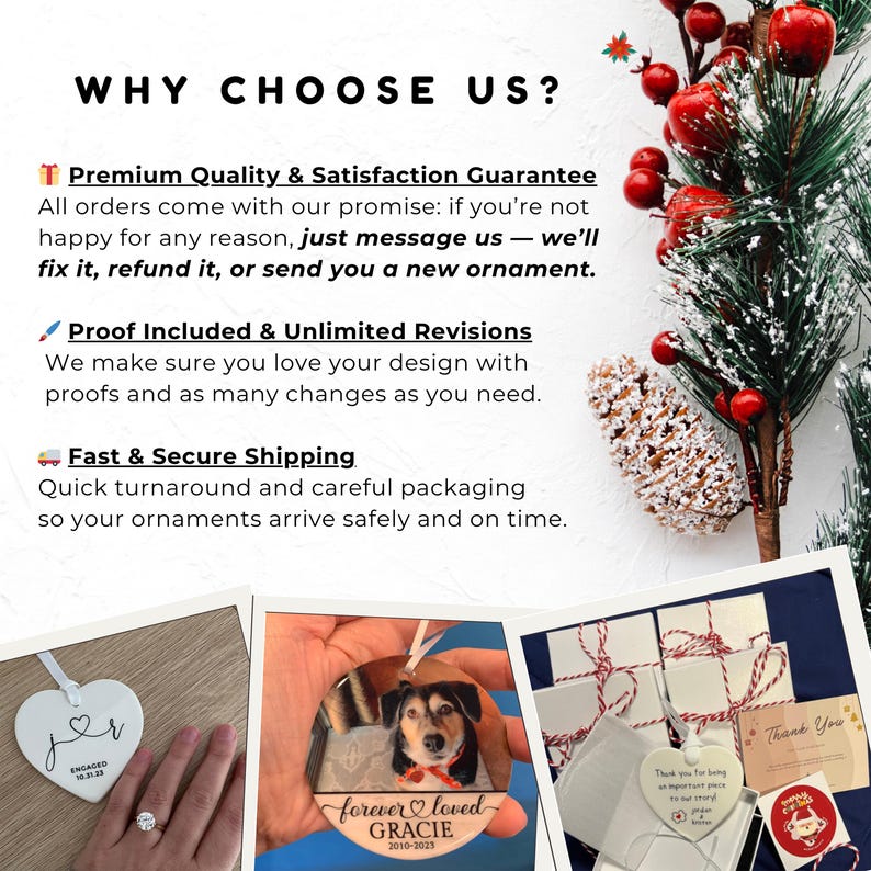 Peut inclure: Un graphique promotionnel intitul&eacute; WHY CHOOSE US? avec du texte sur les garanties de qualit&eacute;, les &eacute;preuves et l'exp&eacute;dition. Il comprend trois photos : un ornement en forme de c&oelig;ur, un ornement comm&eacute;moratif pour animal et des cadeaux.