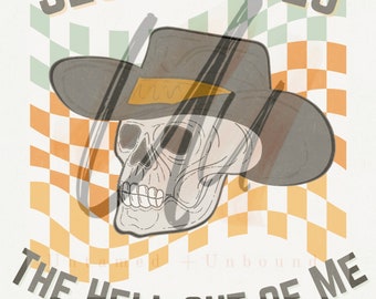 May include: A black and white skull wearing a brown cowboy hat with a yellow band. The skull is in front of a checkered background with green and orange squares. The text "JESUS LOVES THE HELL OUT OF ME" is below the skull.