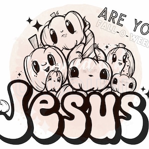 Könnte beinhalten: Schwarz-Weiß-Illustration mit Cartoon-Kürbissen mit lächelnden Gesichtern. Das Wort "JESUS" ist in großen Buchstaben geschrieben, mit dem Satz "ARE YOU FALL-O-WEEN" über den Kürbissen. Sterne und eine hellrosa Aquarellwaschung vervollständigen das Design.