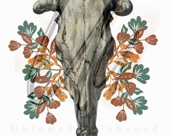 May include: A vintage illustration of a cow skull with floral accents. The text "HE OWNS THE CATTLE ON A THOUSAND HILLS PSALM 50" is printed below the skull.