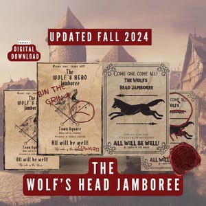 Peut inclure: Quatre panneaux imprimables pour un événement "Wolf's Head Jamboree". Les panneaux sont de style vintage avec une texture de papier vieilli et présentent une tête de loup, un loup courant et une tête de loup avec une aiguille qui la traverse. Les panneaux comportent du texte qui se lit comme suit : "Venez tous, venez tous ! Le Wolf's Head Jamboree", "Bin the Grin", "Venez tous, venez tous ! Le Wolfs Head Jamboree", et "Venez tous Wolfs Jamboree".