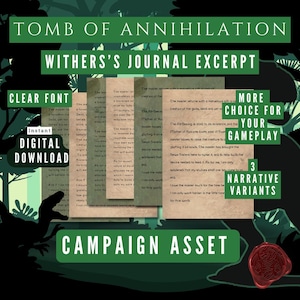 Extracto del diario de Withers, La Tumba de la Aniquilación, Campaña de la Jungla de Chult, Folleto para Dungeon Masters, Descarga instantánea, Imprimible, Regalo de DM
