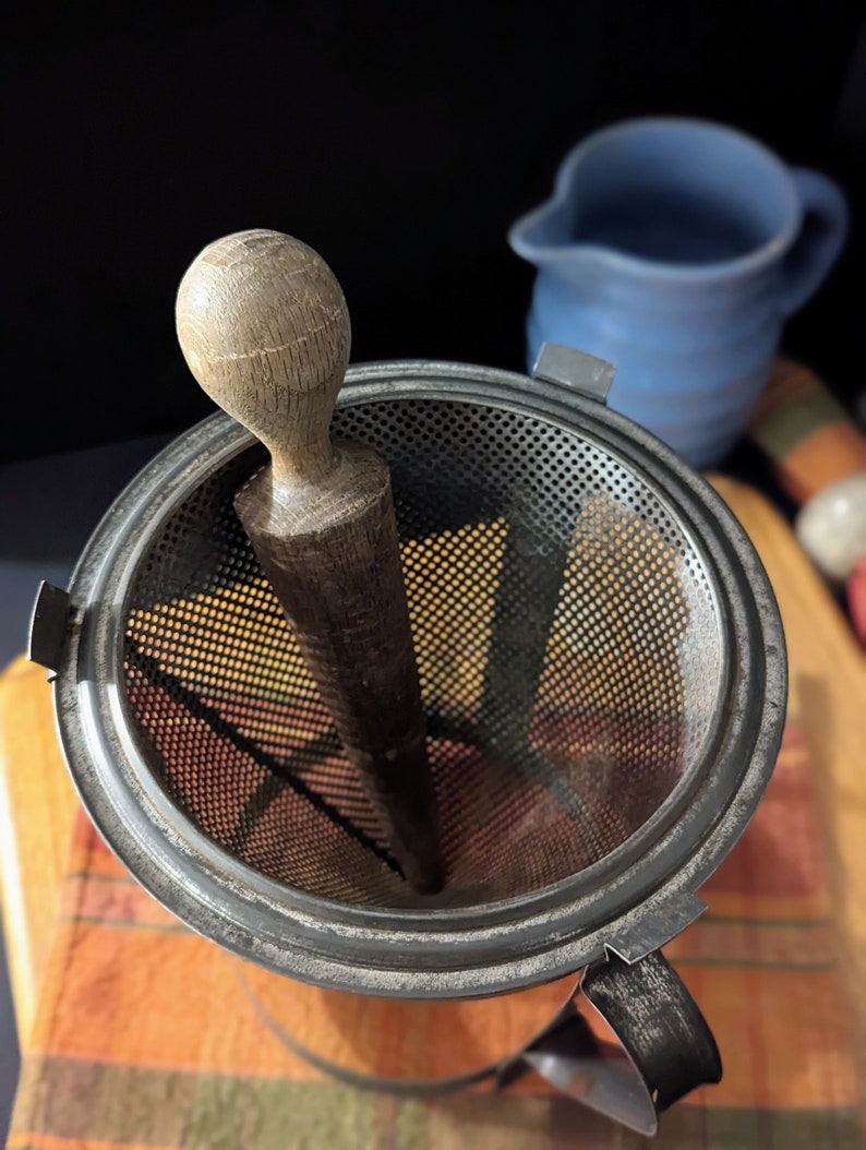 1940's Chinois Cone Strainer on Stand With Wood Pestle, Metal Cone