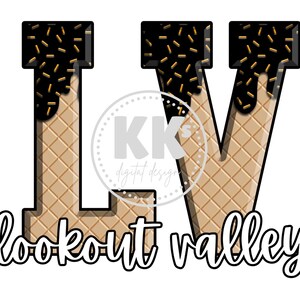 May include: A graphic design featuring the letters "LV" in a waffle cone design with chocolate sprinkles. The text "lookout valley" is below the letters.