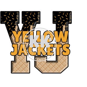 May include: A graphic design featuring the letters "Y" and "U" in a waffle cone design with black sprinkles and the text "Yellow Jackets" in orange.