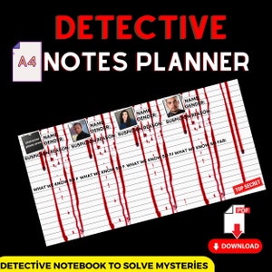 May include: A printable detective notes planner with a black and white grid and red blood splatter. The planner has spaces for character names, genders, suspicion reasons, and what is known so far. The text "Top Secret" is at the top right corner of the planner. The text "Detective Notebook to Solve Mysteries" is at the bottom of the planner.