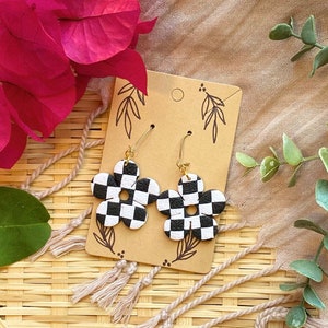 black and white checkered daisy polymer clay earrings