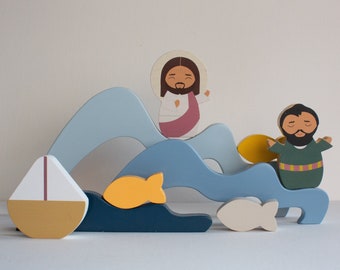 Jesus & St. Peter Walk on Water Wooden Wave Stacker Toy