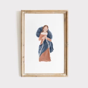 May include: A digital illustration of a person in a blue and brown dress, holding a rope in their hands. The person is depicted in a watercolor style.