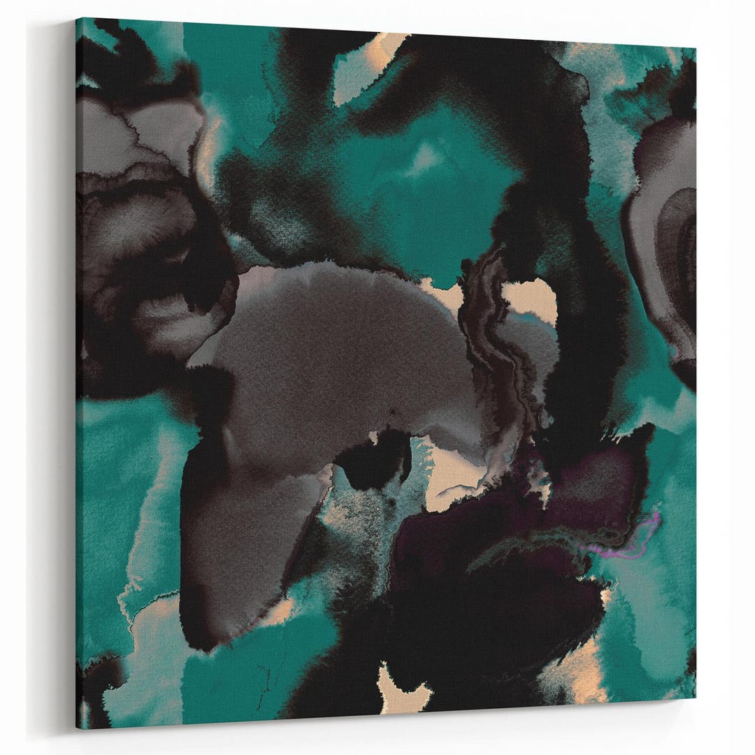 Abstract Wall Art Print | Teal Black Cream Moody Ink Wash Fluid Shapes ...