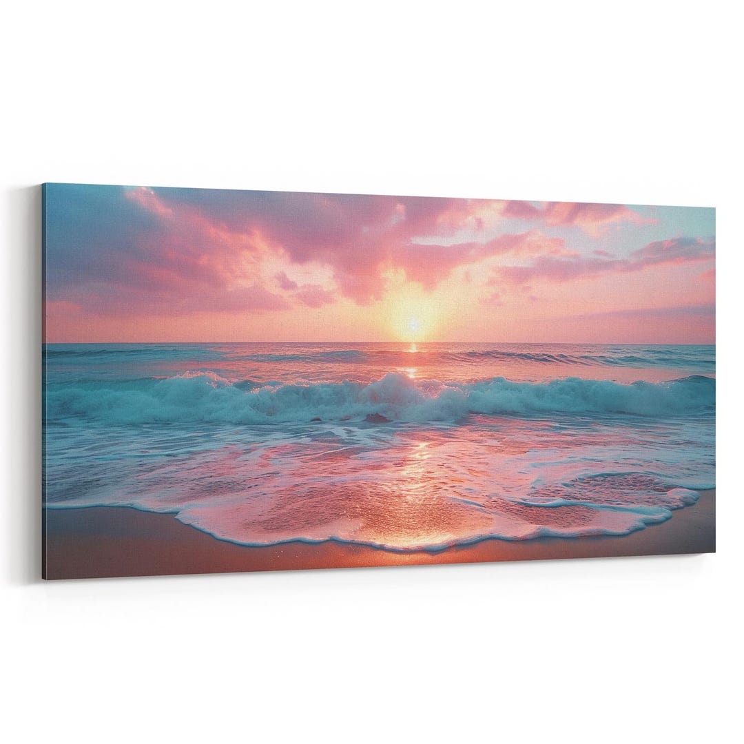 Sunset Beach Wall Art Print Ocean Waves Pink Sky Seascape Photography ...