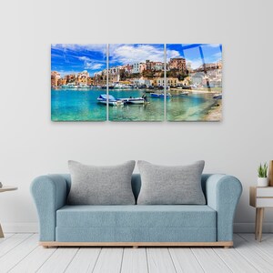 Coastal town in Italy | Living room Decor | Office design | Tempered Acrylic glass or Stretched Canvas Wall panels Prints | Glass art Gift