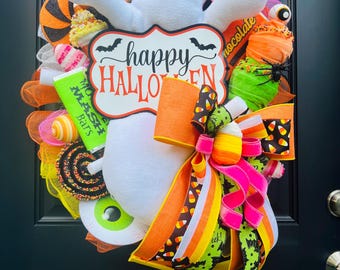 Candy Corn Wreath, Ghost Wreath, Whimsical Halloween Wreath, Orange and Black Ghosts Wreath, Candy Halloween Wreath, Candy Corn Decor