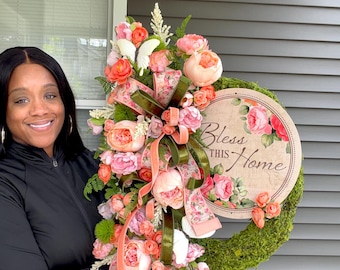 Moss Wreath, Bless This Home Sign, Floral Arrangement, Peony Wreath, Peach and Green