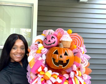 Halloween Wreath, Pink Halloween Decor, Pumpkin Wreath, Halloween Decorations, Jack-o-Lantern Wreath, Pink Pumpkin