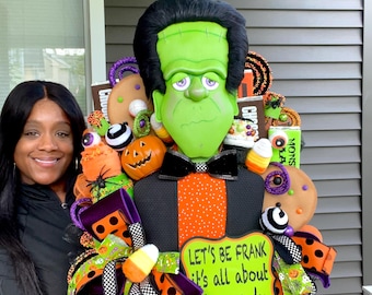 Halloween Wreath, Frankenstein Halloween Wreath, Halloween Monster Wreath, Frankenstein Decorations, Monster Mesh Wreath