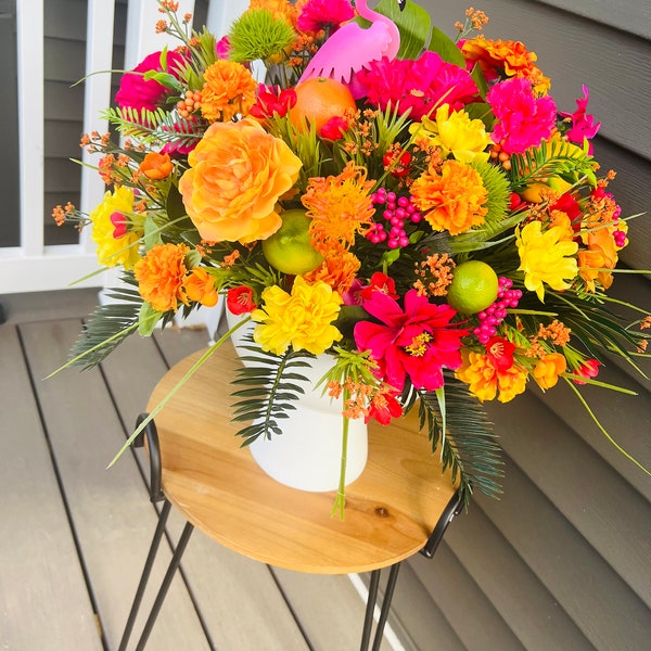 Tropical Arrangement, Summer Centerpiece Tropical Table Decor, Citrus Fruit Centerpiece, Table Top, Tropical Home Decor, Bird Of Paradise