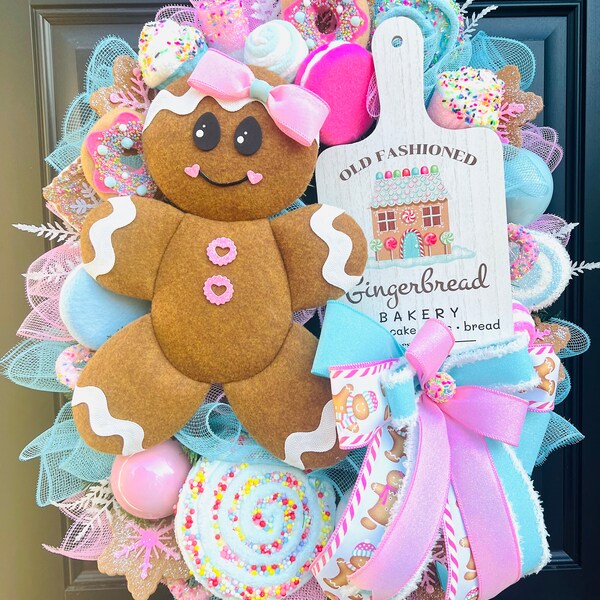 Gingerbread Wreath, Pink and Blue Wreath, Candyland Wreath, gingerbread Decor, Christmas Wreath, Candy Christmas Wreath, Bakery Wreaath