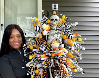 Halloween Swag, Candy Corn Halloween, Black Orange Wreath, Halloween Skeleton Wreath, Trick or Treat, Home Decor Halloween, Whimsical Wreath