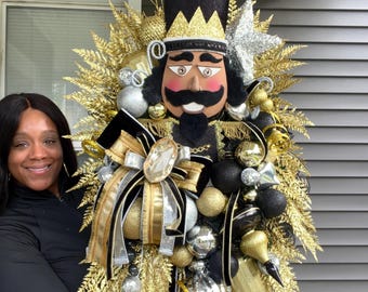 Black and Gold Nutcracker Wreath: Jeweled Christmas Decoration, African American Santa