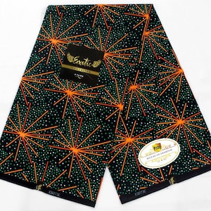 African Wax Print Fabric: Star Design Ankara Cotton, Green, Orange, Black - Sold by the Yard