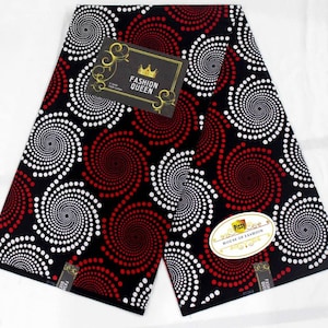Red Ankara Fabric: Dotted Spiral African Wax Print Cotton by the Yard