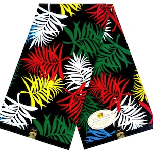 May include: A folded piece of black fabric featuring a repeating pattern of palm leaves in vibrant red, green, yellow, white, and blue. An oval white label with gold trim and the text Pizzy House of Fashion is attached to the lower right section.