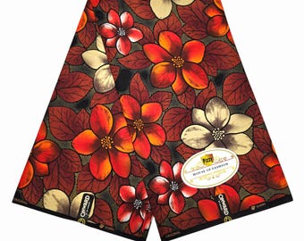 Tecido africano estampado floral em cera: 100% algodão Ankara para costura - Estampa de flores/folhas