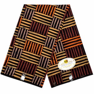 May include: A folded fabric with a geometric pattern in black, orange, and brown. The design features a woven-like arrangement of stripes and rectangles. The fabric has a label that reads "Pizz House of Fashion".