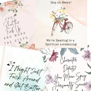 Puede incluir: Cuatro tarjetas coloridas con diseños florales y citas motivacionales. La primera tarjeta dice "Just Shut the Fuck Up and Work the Steps". La segunda tarjeta dice "Hop on Beezy! We're Heading to a Spiritual Awakening". La tercera tarjeta dice "I Might Just Fuck Around and Get Better". La cuarta tarjeta dice "Character Defects? You Mean Spicy Personality Sauce?"