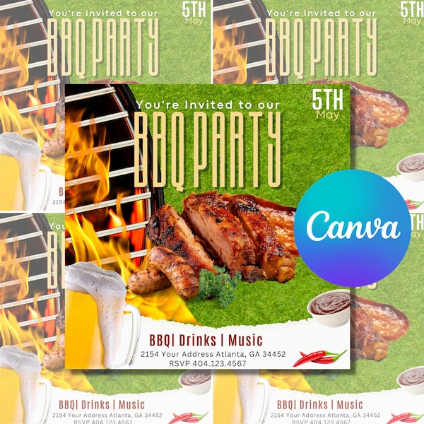 BBQ Flyer, Barbeque Flyer, Event Flyer, Summer Party Flyer, Canva Pro Template, DIY Template