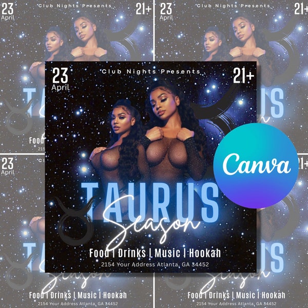 Taurus Flyer, Taurus Party Flyer, Party Flyer, Club Flyer, Birthday Party Invite, Canva Pro Template