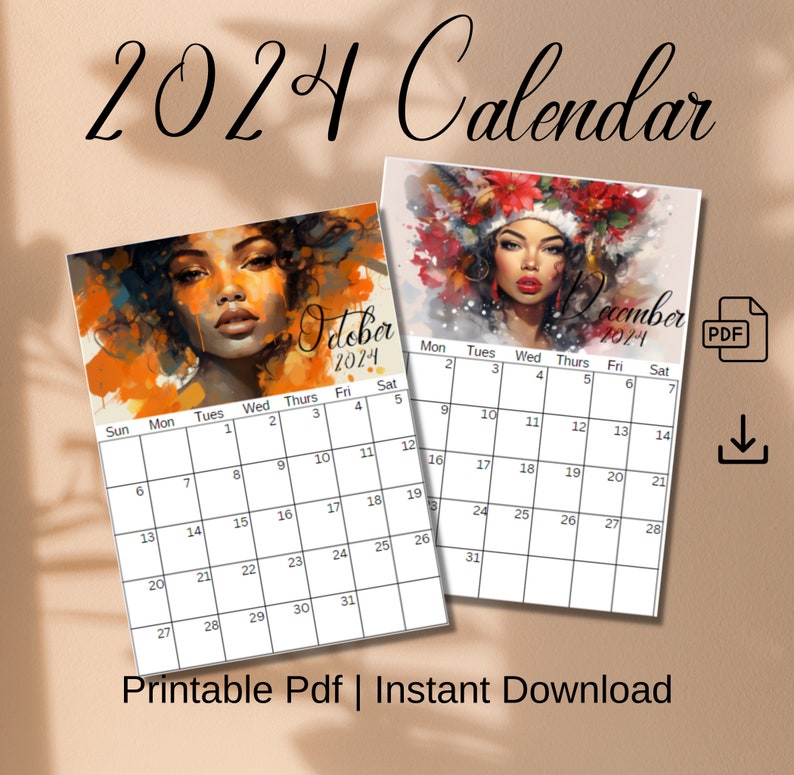 2024 Calendar, Calendar 2024 Printable, PDF Calendar, Black Woman