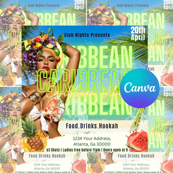 Caribbean Party Flyer, Party Flyer Template, Canva Pro Template, Nightclub Flyer, Caribbean Party