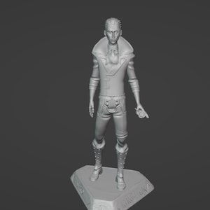 May include: A grey 3D printed figurine of a man wearing a long coat, trousers, and boots. He is holding a small object in his right hand. The figurine is standing on a square base with the words "The Game is Afoot" inscribed on it.