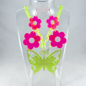 Resin Butterfly Flower Necklace & Earring Set (flower earrings, butterfly necklace, resin rave necklace, resin earrings, rave jewelry decora