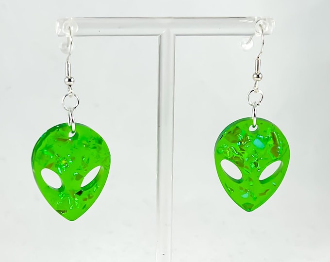 Alien Resin Sparkle Earrings (Iridescent green earrings, alien earrings, rave earrings, alien earrings, festival earrings, rave accessory)