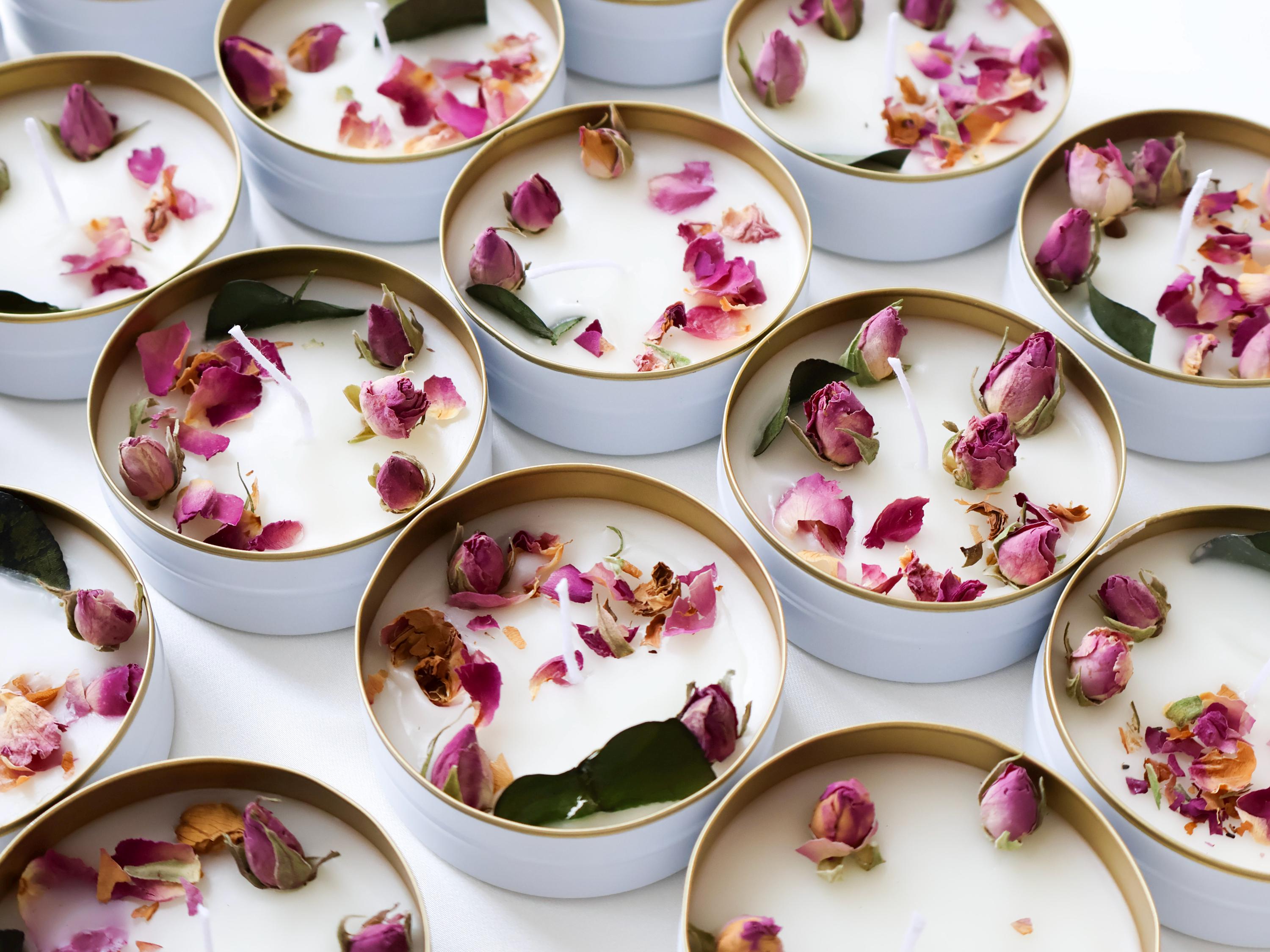 Blush Floral Wedding Favor Candles: Personalized Gold Tin, Bulk Bridal ...
