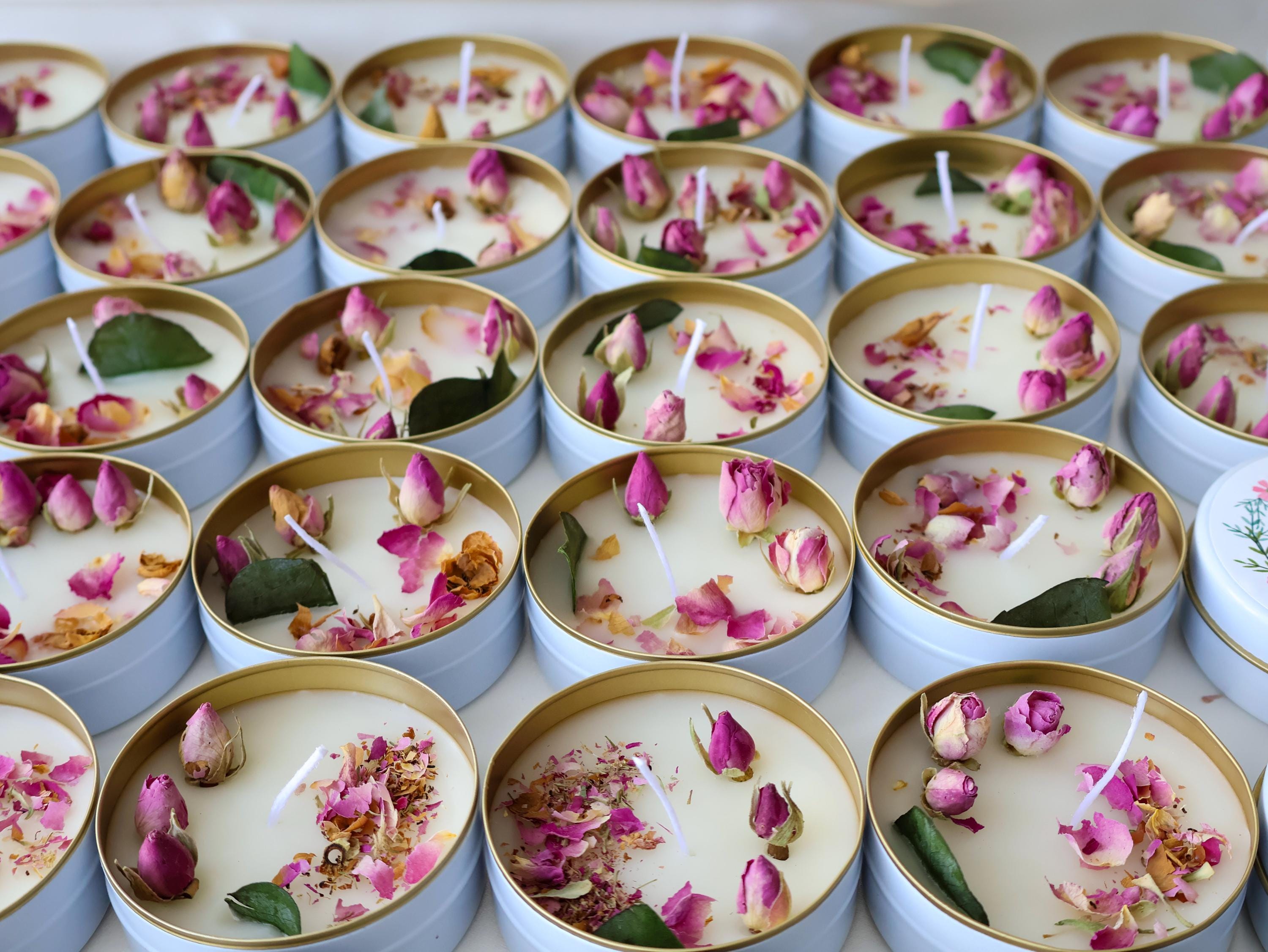 Blush Floral Wedding Favor Candles: Personalized Gold Tin, Bulk Bridal ...