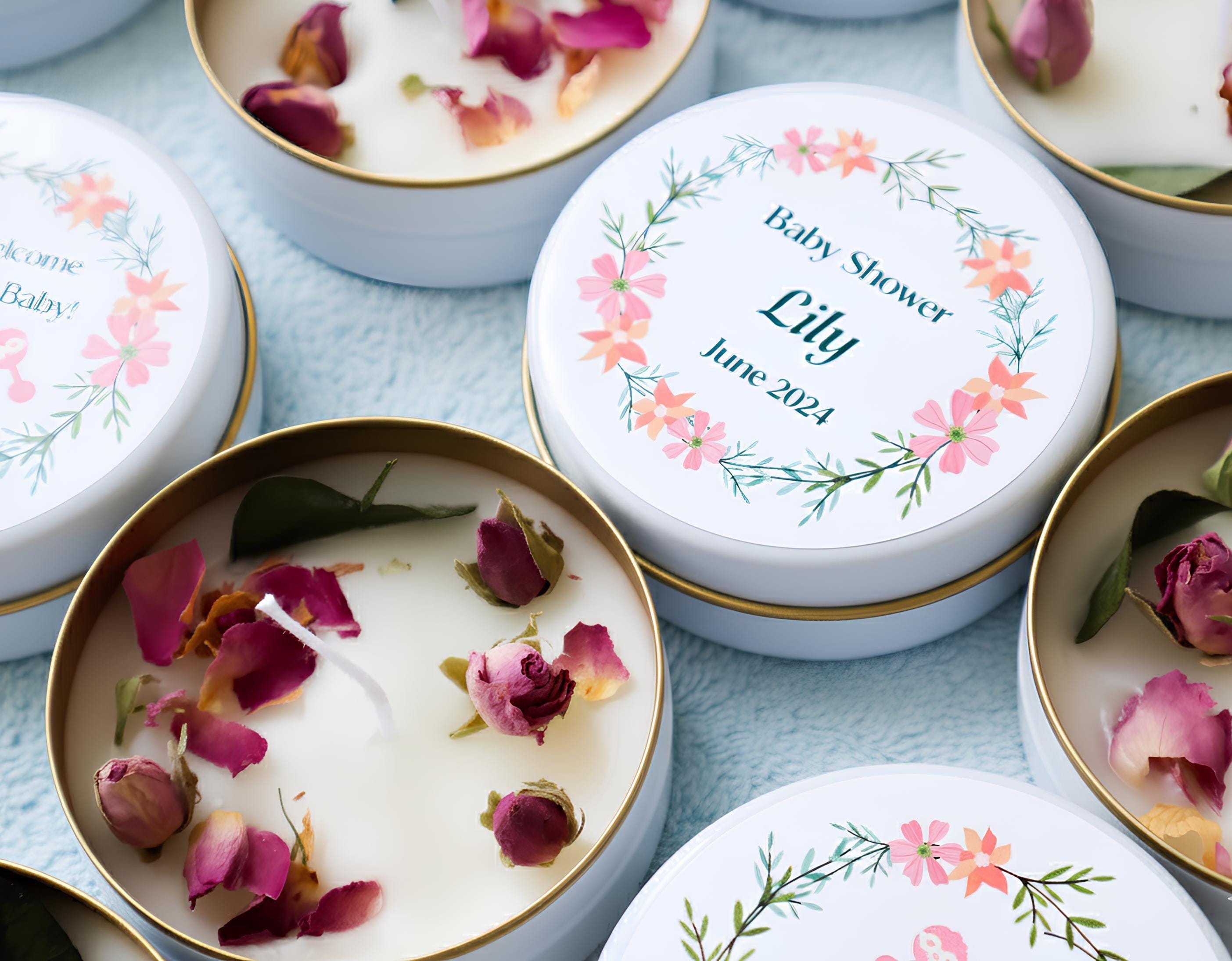 Blush Floral Wedding Favor Candles: Personalized Gold Tin, Bulk Bridal ...
