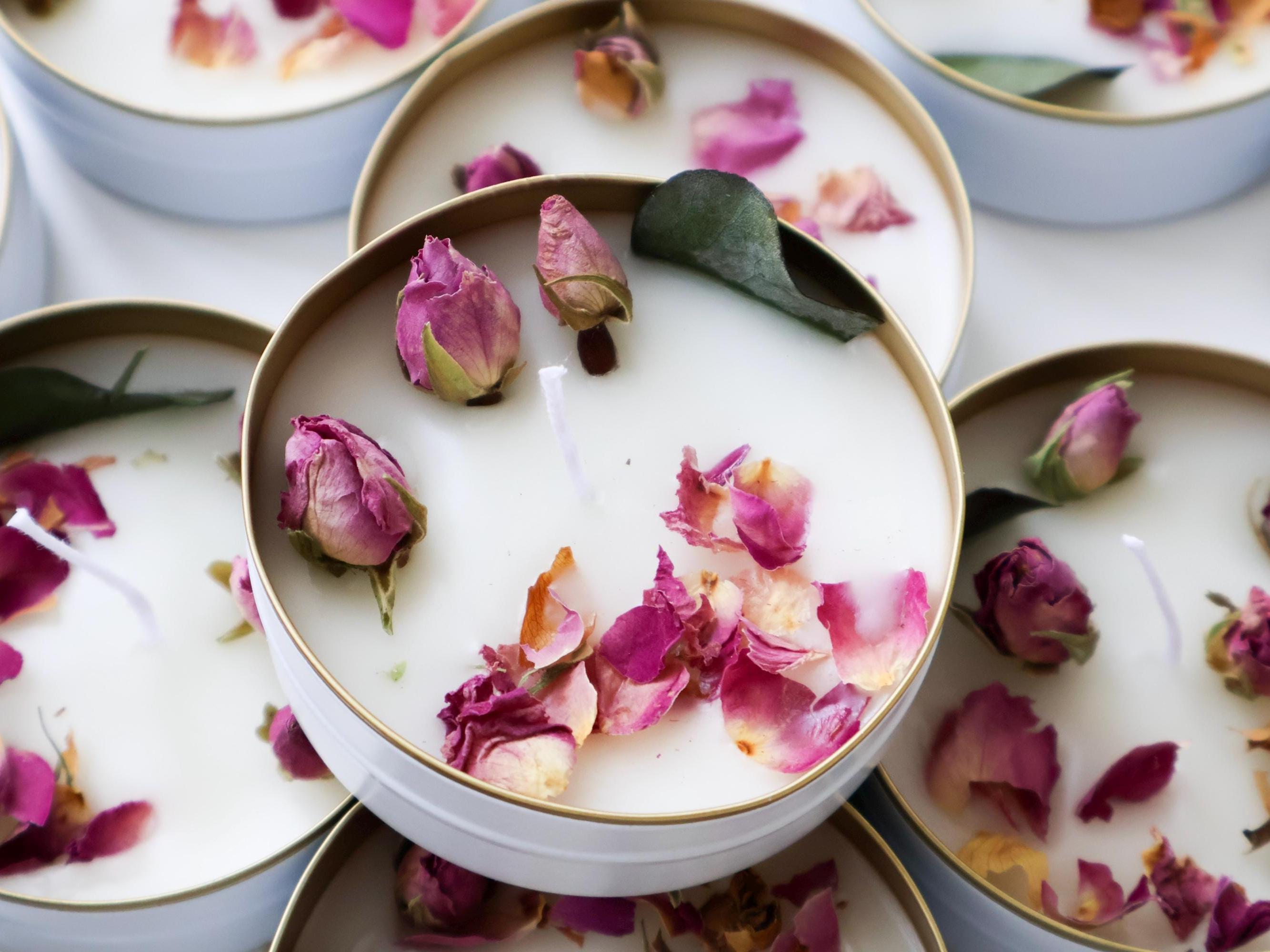 Blush Floral Wedding Favor Candles: Personalized Gold Tin, Bulk Bridal ...