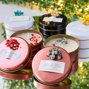 Personalized Tin Candle Favors: Scented Soy Wax with Dried Flowers